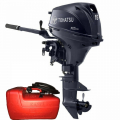 15HP Tohatsu Long Shaft EFi Electric & Manual Start Tiller Control 4-Stroke Outboard Motor with 12L Fuel Tank & Line image